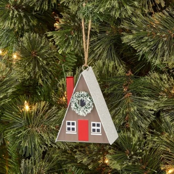 Metal House with Wreath Christmas Tree Ornament Brown nwt rustic farmhouse - Picture 2 of 2